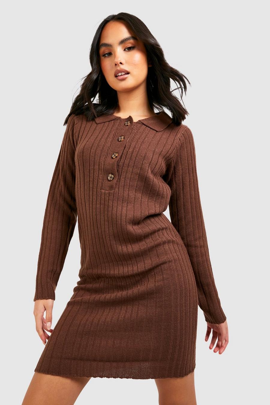 Brown Polo Collar Rib Knit Mini Dress image number 1