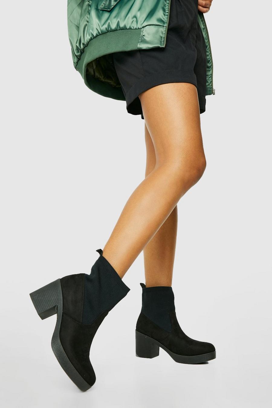 Black Block Heel Elastic Detail Chelsea Boots   