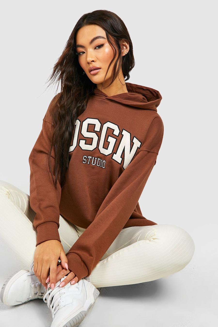 Chocolate brown Dsgn Studio Applique Embroidered Oversized Hoodie image number 1