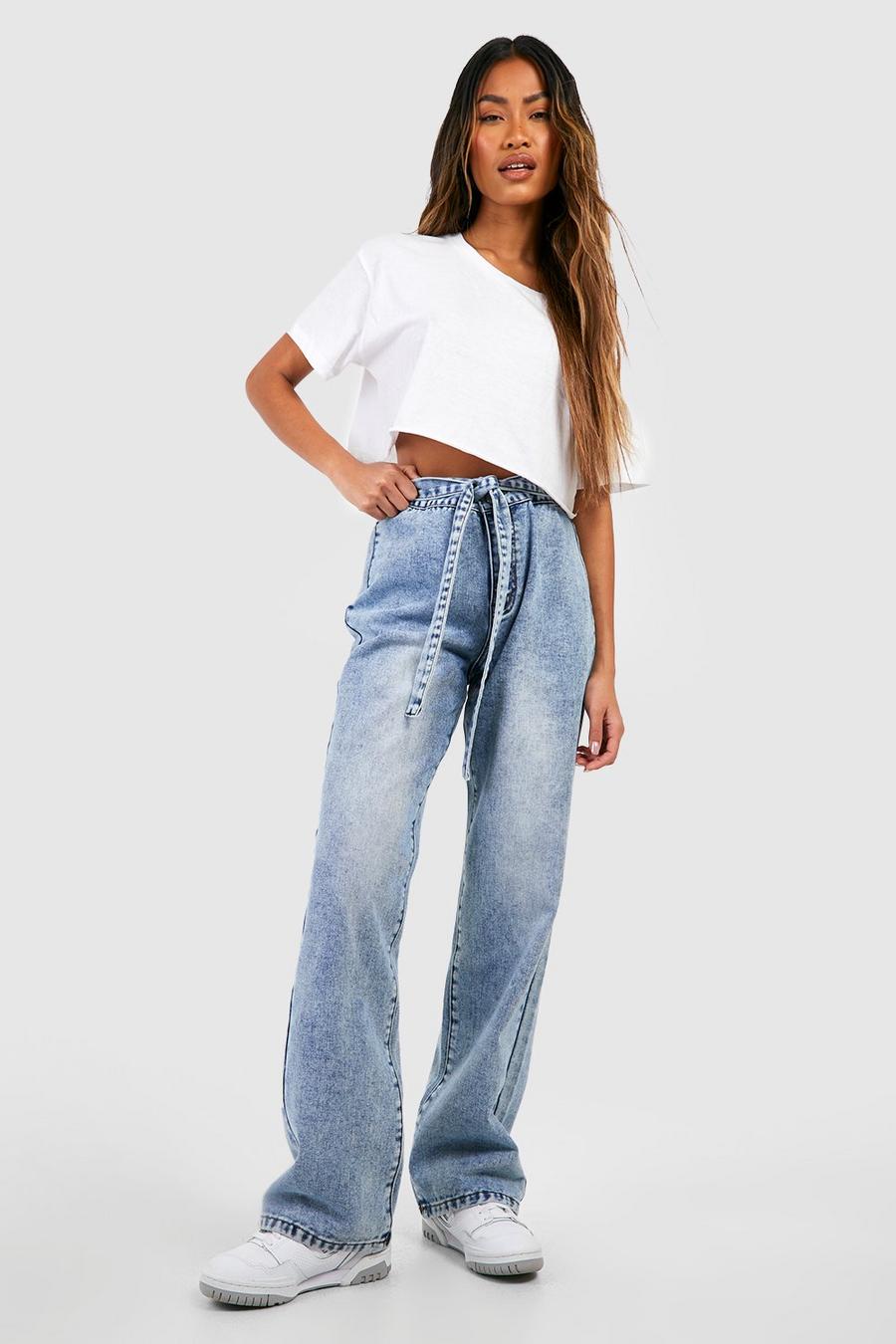 Light wash azzurro Belted Tie Front Wide Leg Jeans image number 1