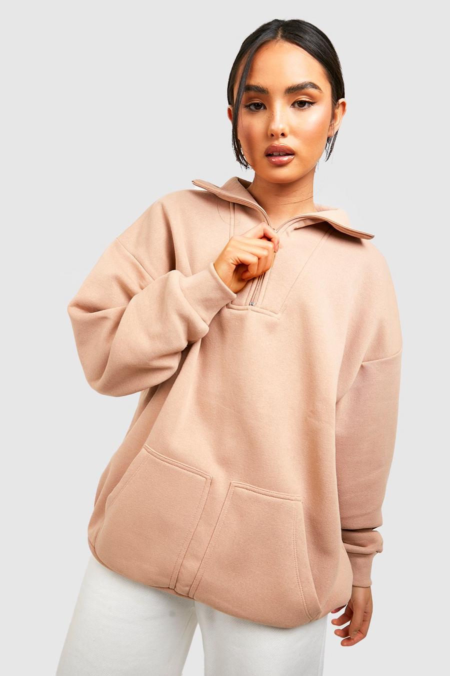 Taupe Double Pocket Half Zip Sweater image number 1