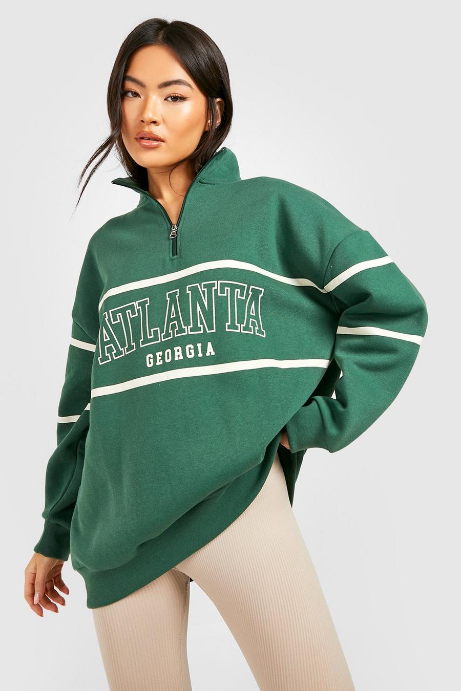 Forest green Stripe Detail Slogan Half Zip Sweater 
