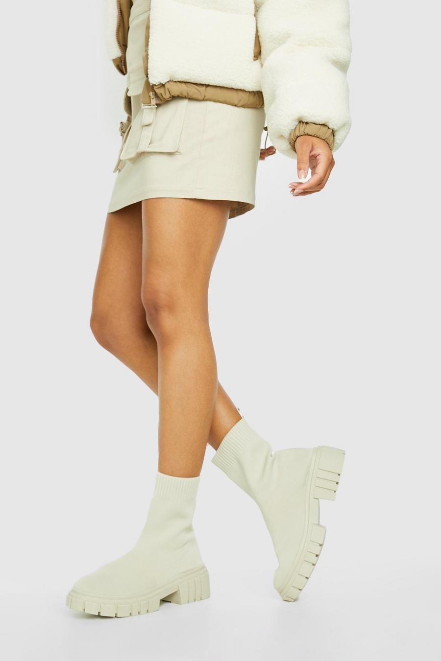 Beige Wide Fit Chunky Sole Sock Boots image number 1