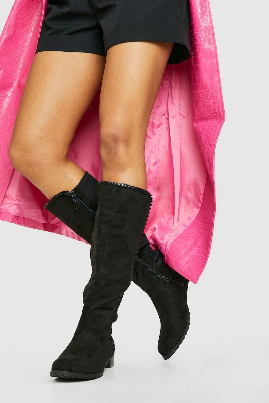 Black Zip Detail Knee High Boots image number 1