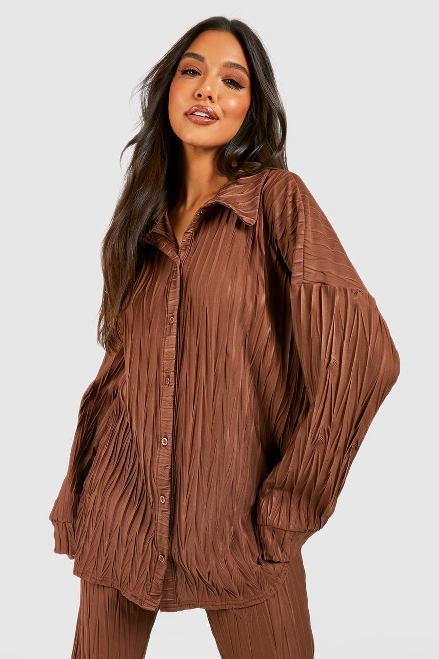 Chocolate Textured Plisse Oversized Relaxed Fit Shirt image number 1
