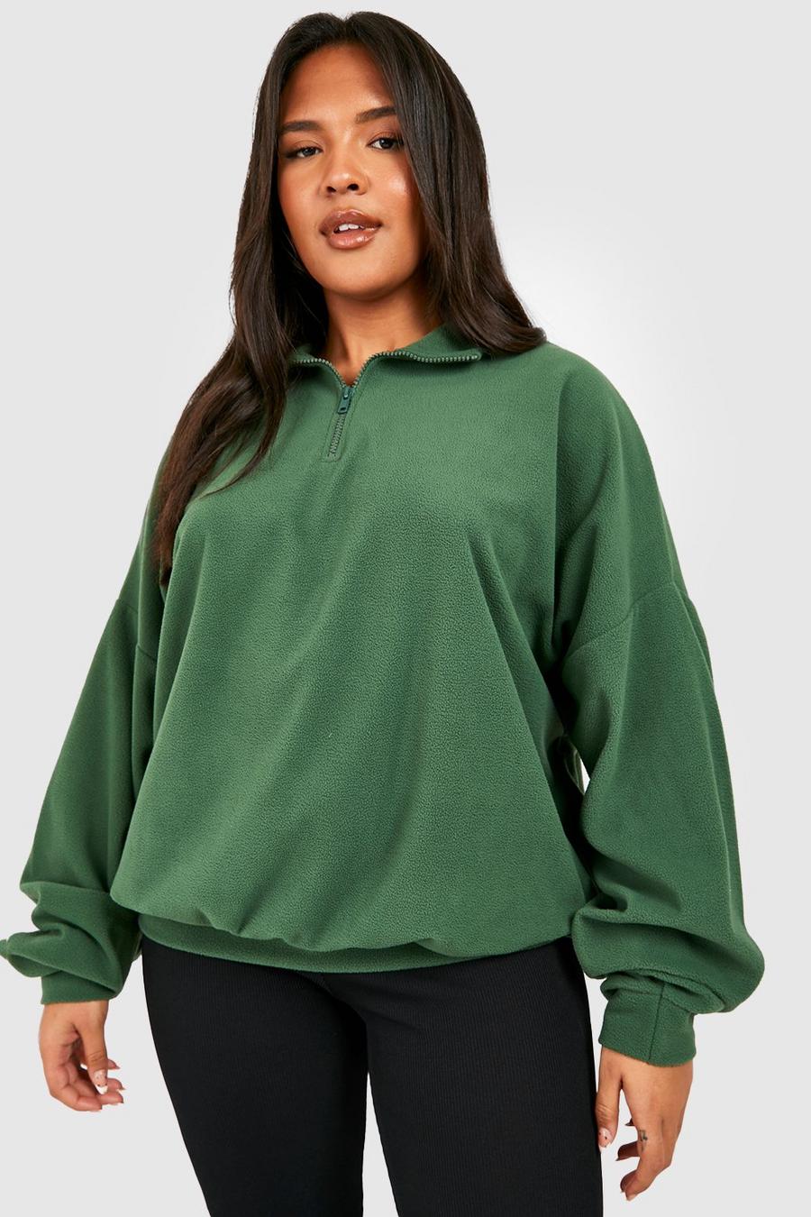 Khaki Plus Borg Half Zip Oversized Sweater image number 1