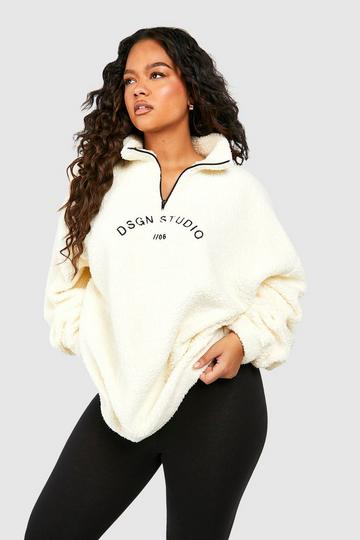 Plus Premium Borg Dsgn Half Zip Sweatshirt cream