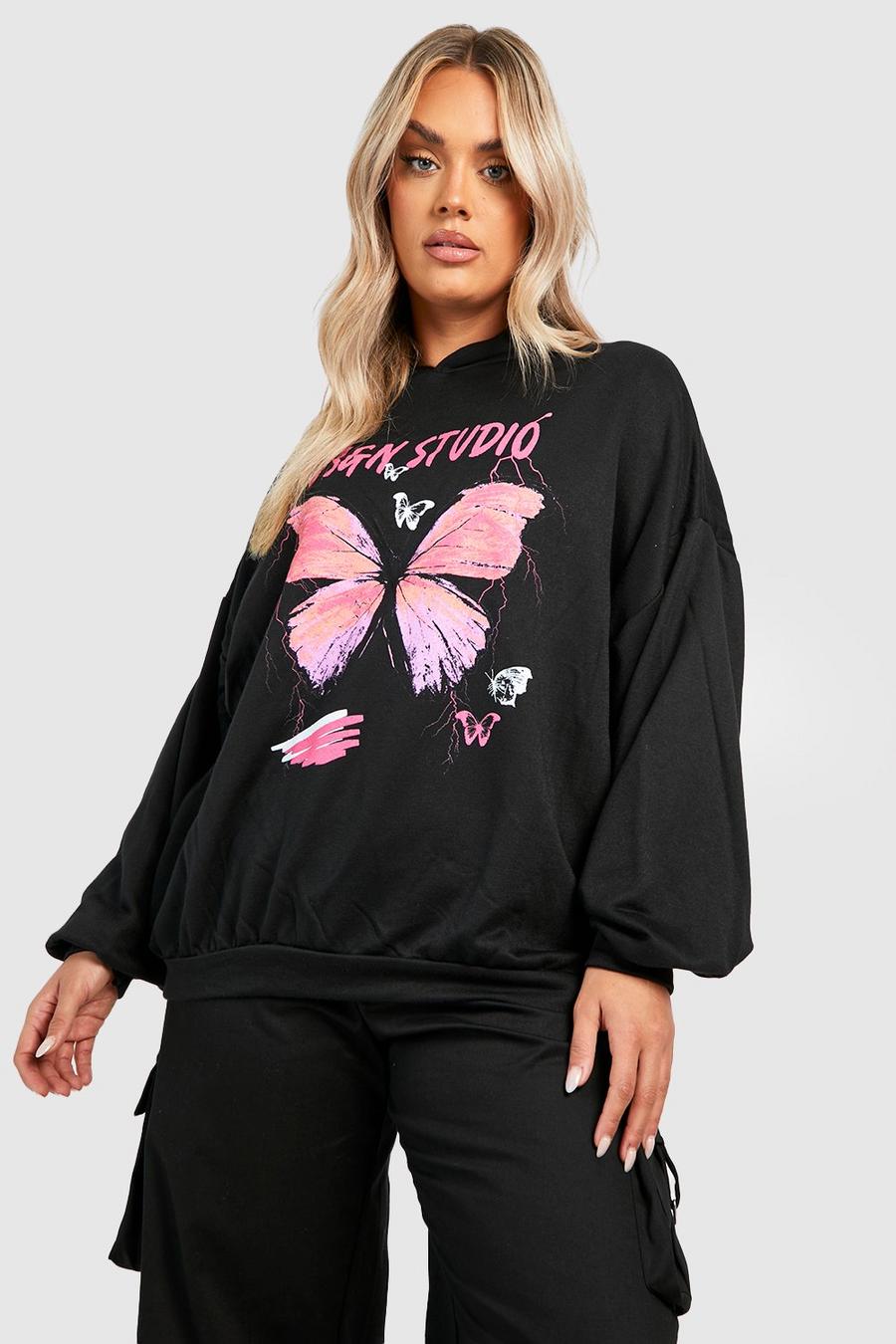 Black Plus Butterfly Graffiti Oversized Hoodie image number 1