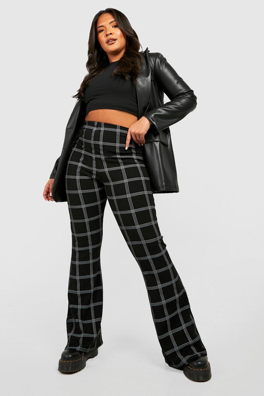 Black Plus Check Print Basic Jersey Flare Trousers image number 1
