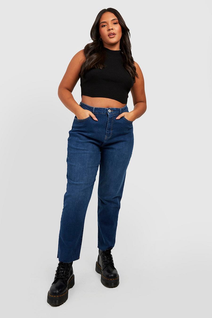 Mid blue Plus Cropped Raw Hem Mom Jeans   image number 1