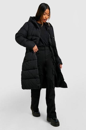 Belted Longline Puffer Jacket black