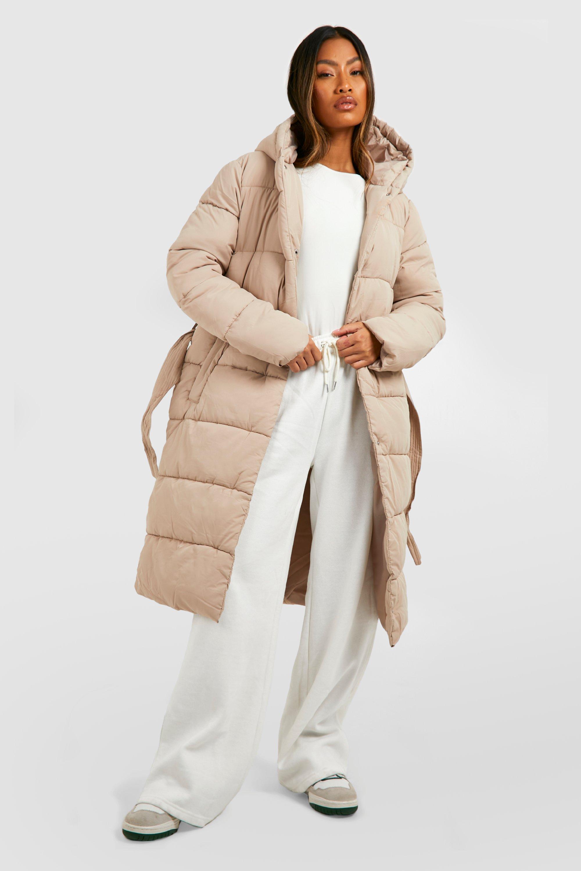 Women s Belted Longline Puffer Jacket Boohoo UK