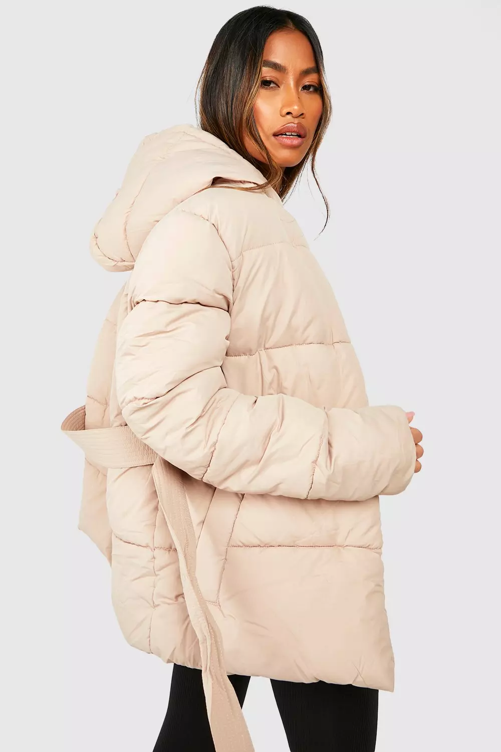 Puffer jacket belted sale