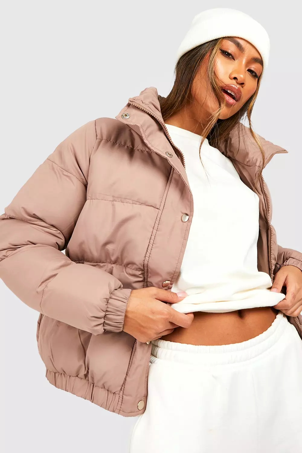 Taupe Funnel Neck Puffer Jacket alternative image