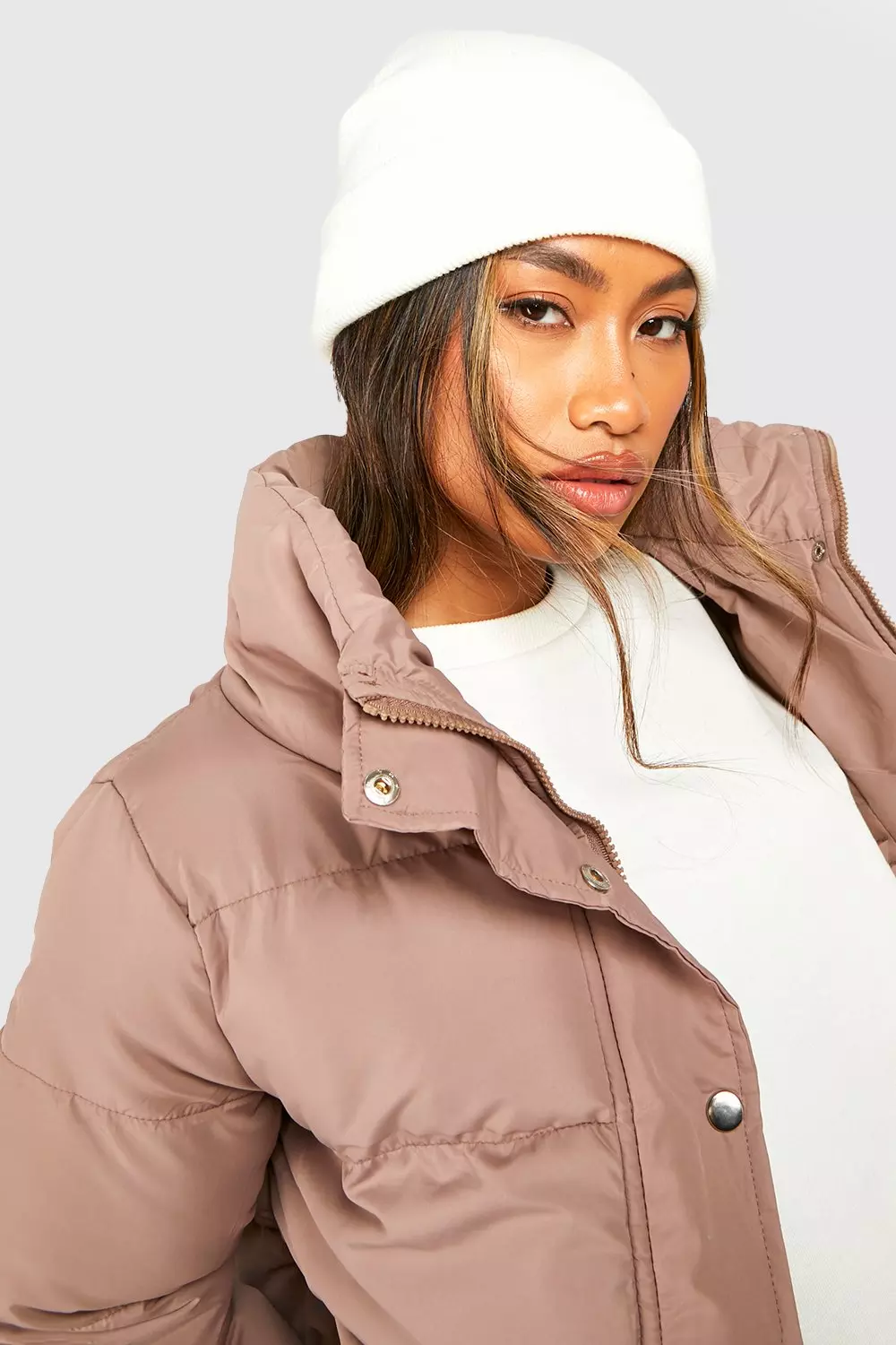 Taupe Funnel Neck Puffer Jacket alternative image
