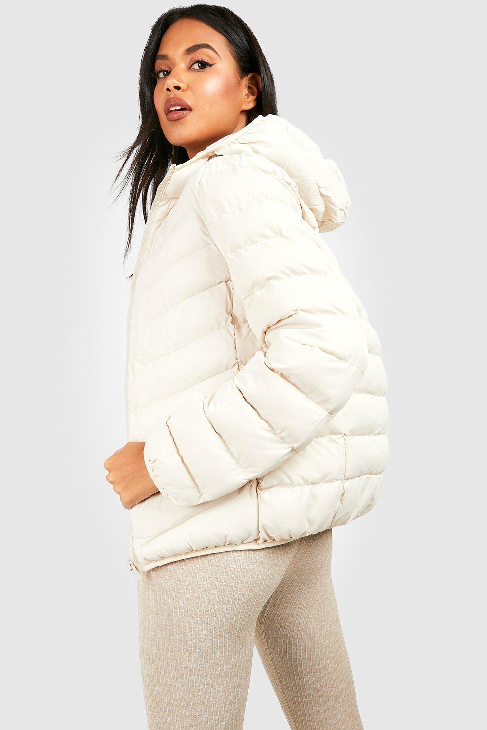 Cream puffer jacket shop with fur hood