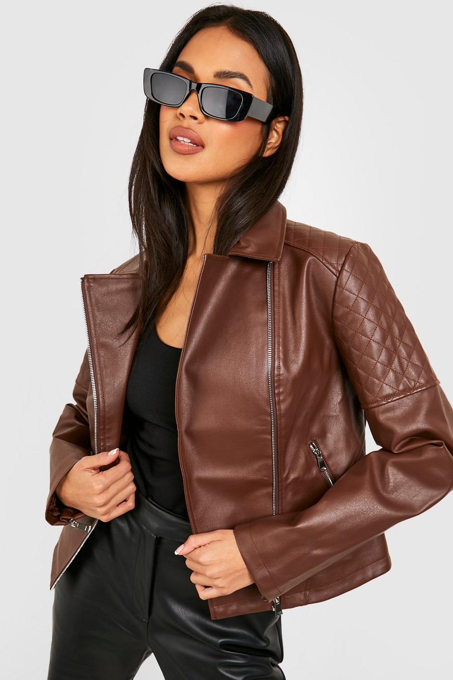 Chocolate brun Quilted Biker Jacket image number 1