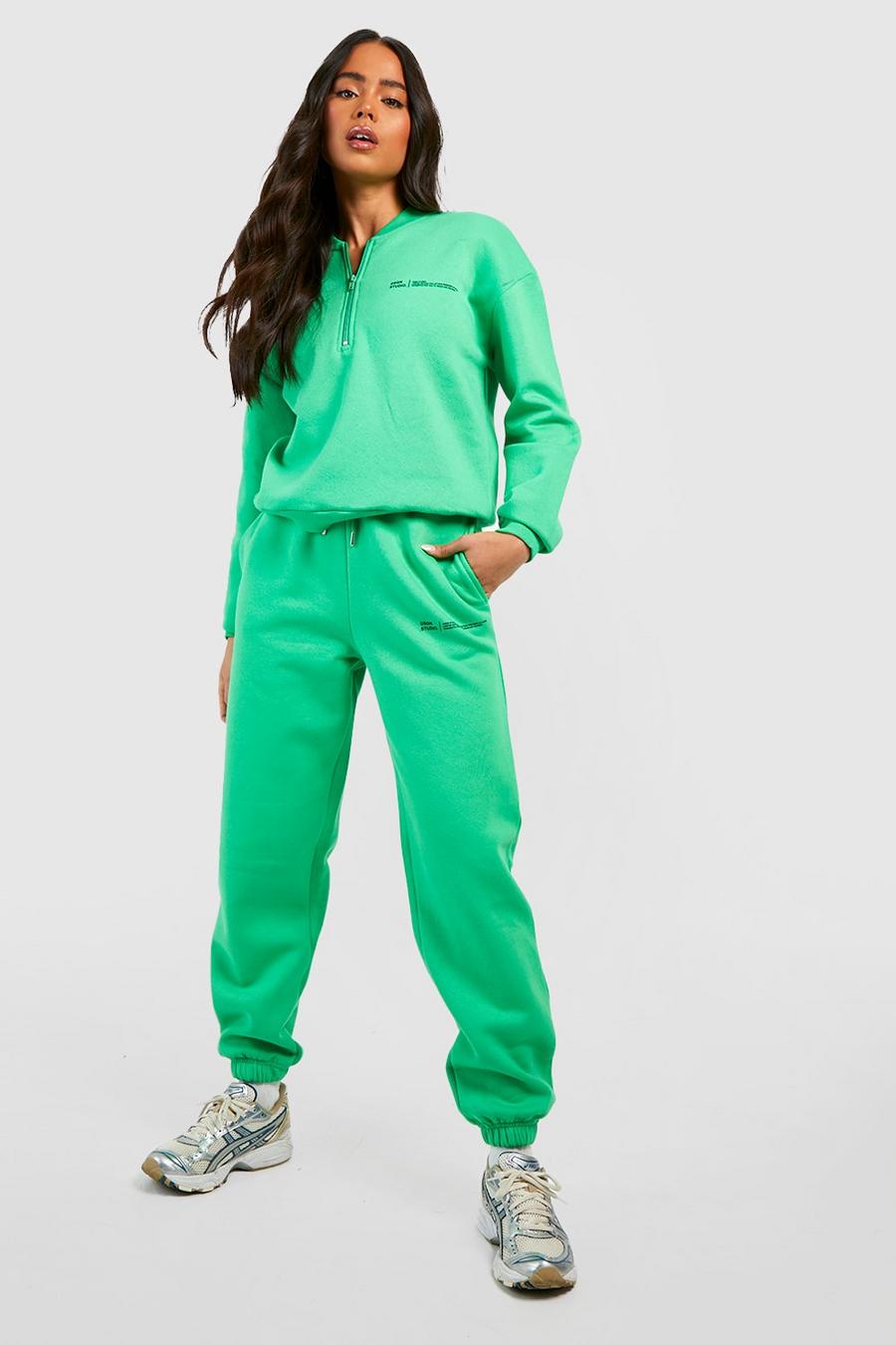Petite Trainingsanzug aus Sweatshirt & Jogginghose mit Reißverschluss und Slogan, Green image number 1