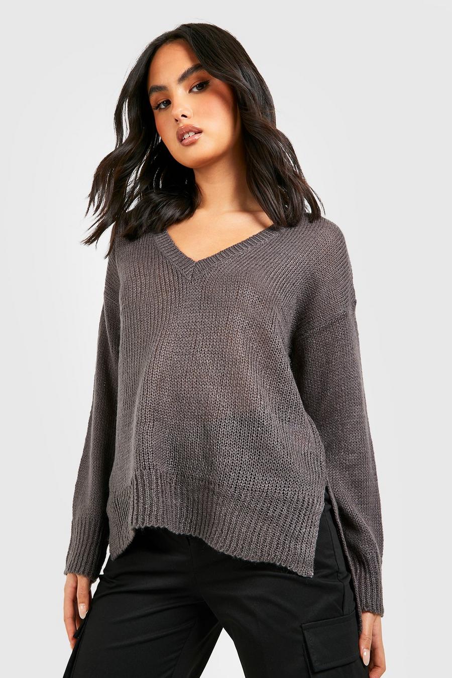 Charcoal Basic V Neck Side Split Sweater image number 1