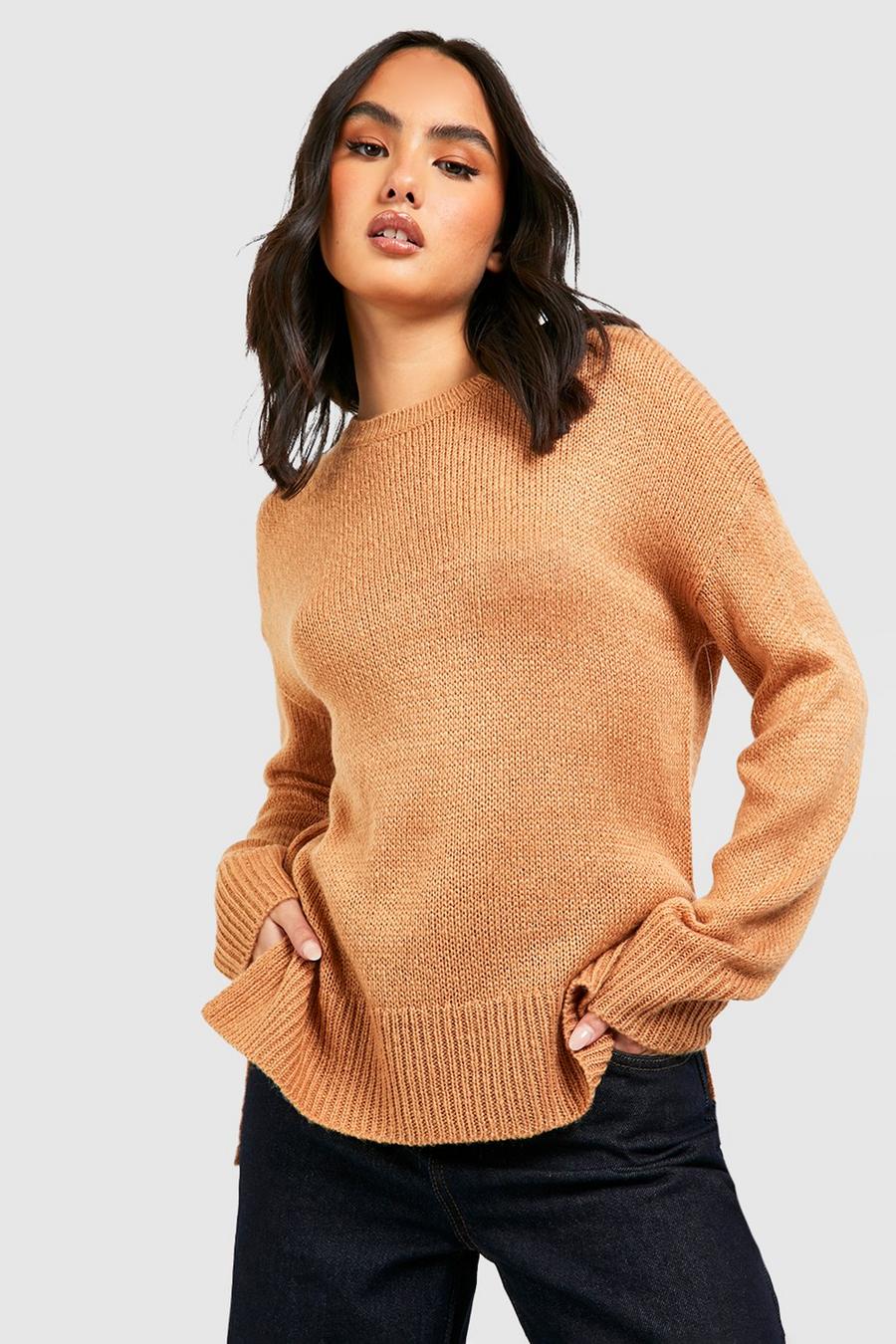 Camel beige Basic Crew Neck Side Split Sweater