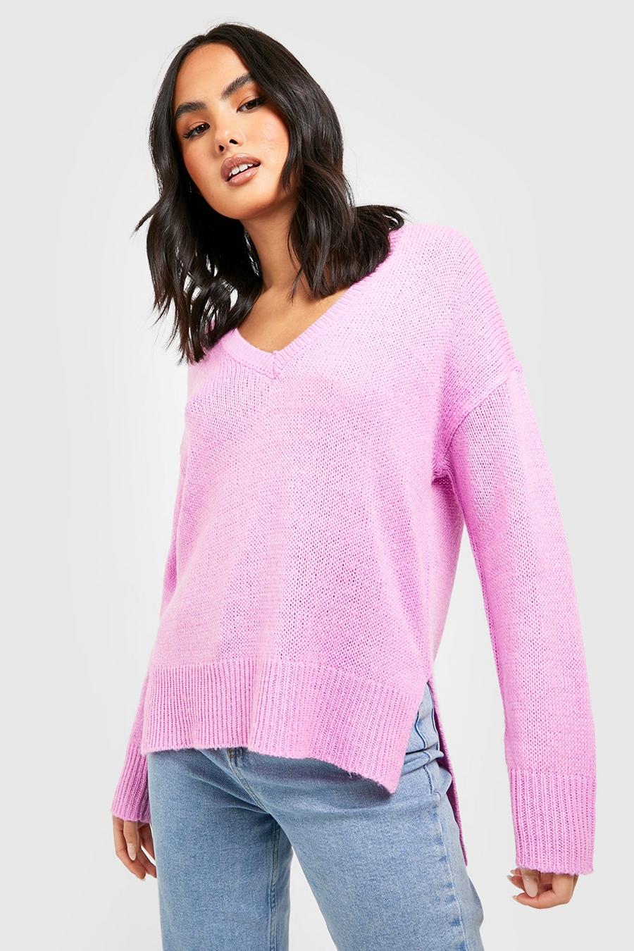 Pink Basic V Neck Side Split Sweater