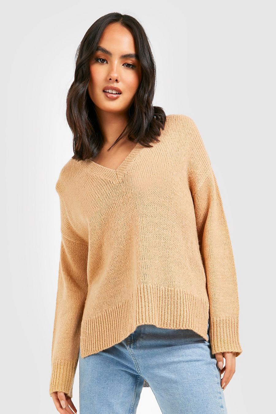 Biscuit beige Basic V Neck Side Split Sweater