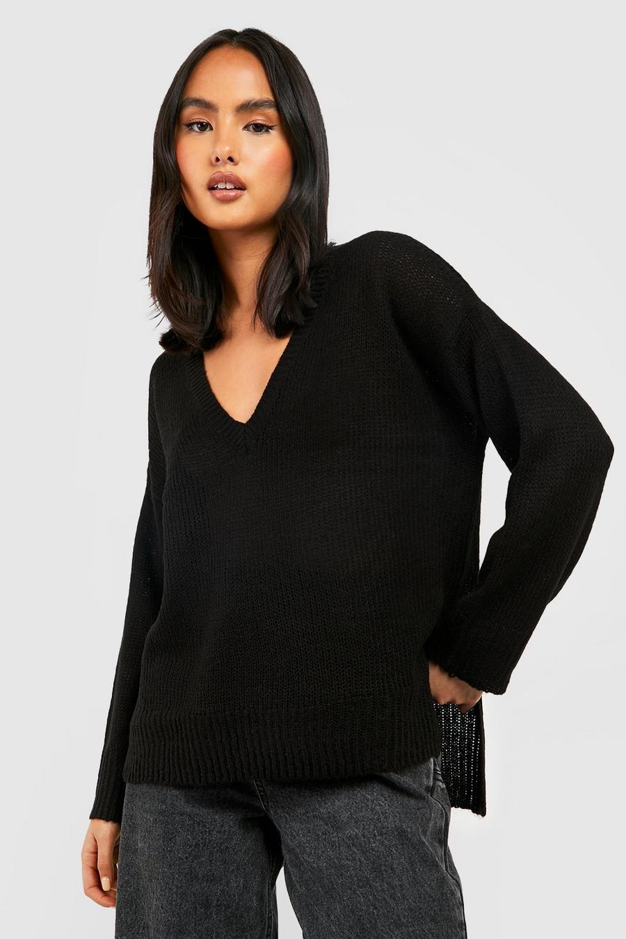 Black Basic V Neck Side Split Sweater image number 1