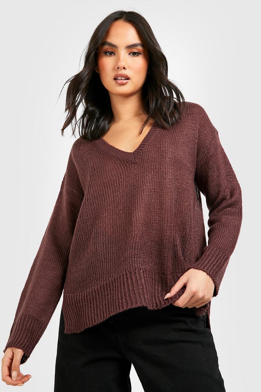Brown Basic V Neck Side Split Sweater