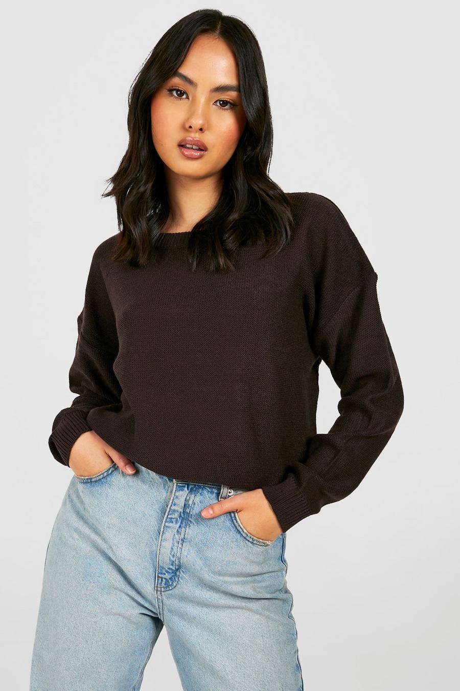 Chocolate brown Basic Crew Neck Boxy Sweater image number 1