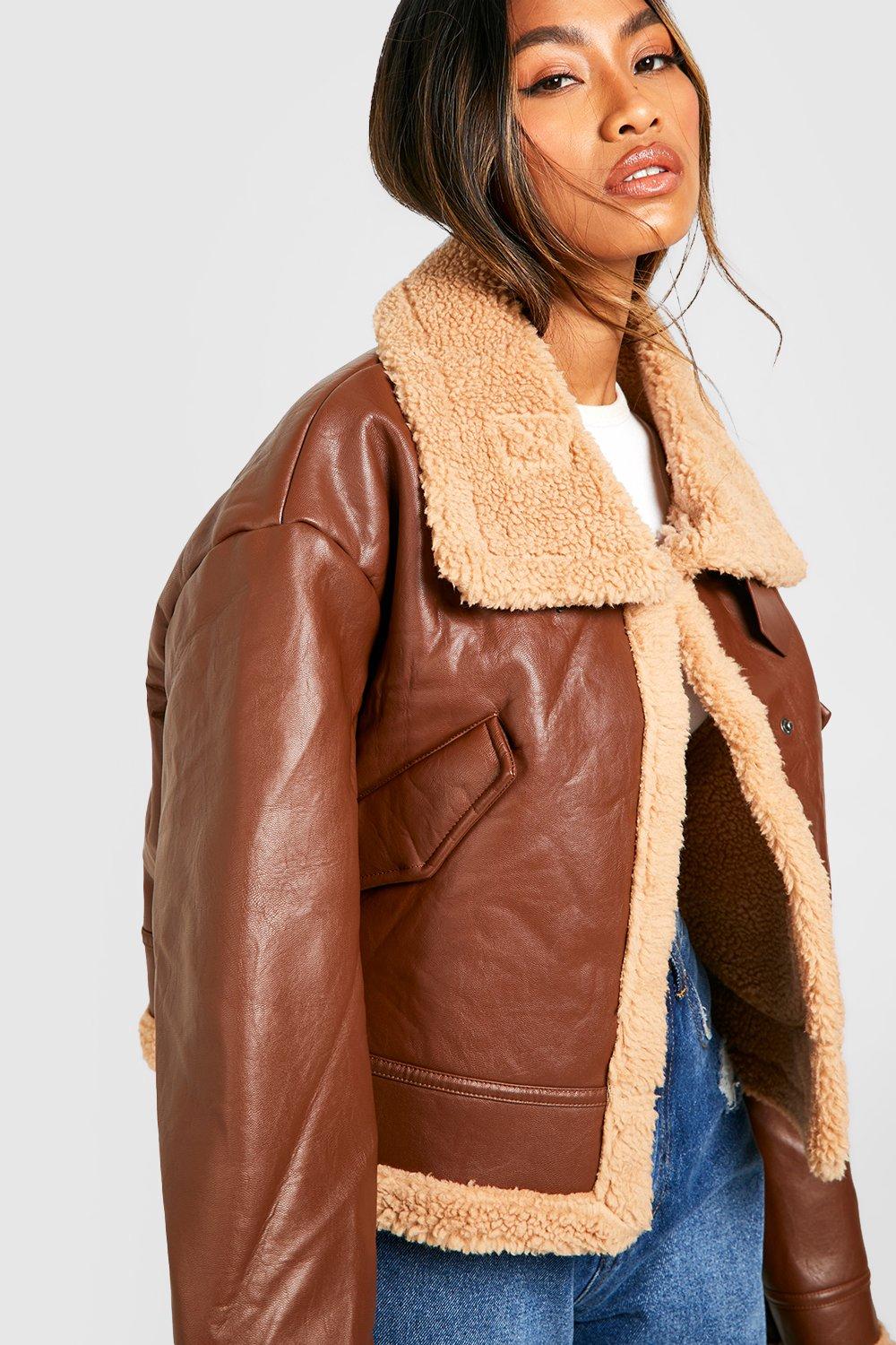 Tan faux shearling biker cheap jacket