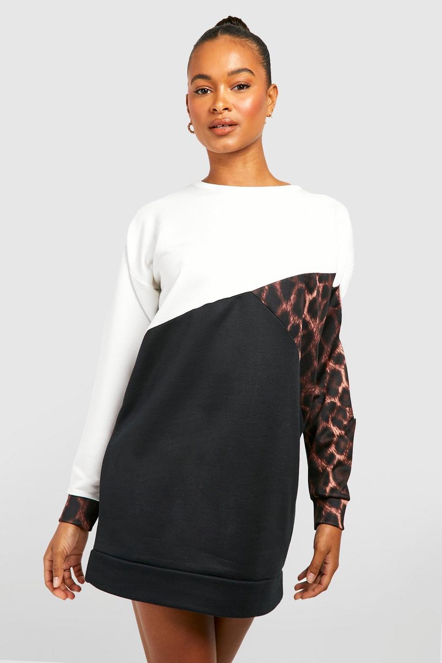Vestido sudadera Tall con colores en bloque y estampado de leopardo, Black image number 1