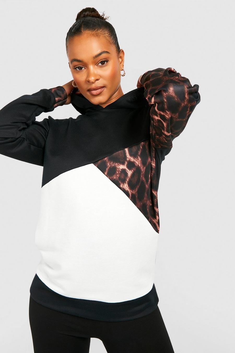 Black Tall Leopard Color Block Hoody image number 1