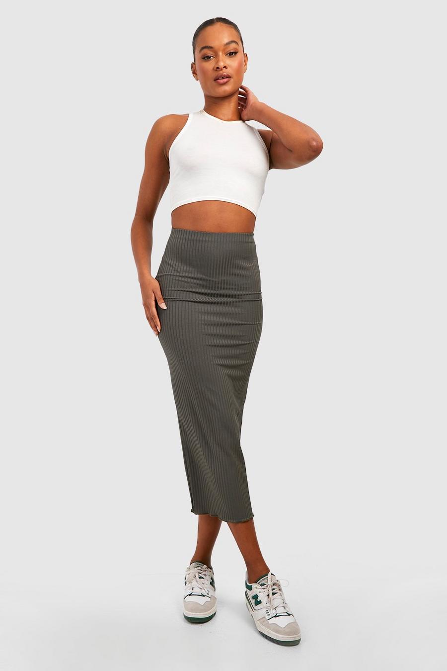 Khaki Tall Rib Lettuce Hem Midi Skirt image number 1