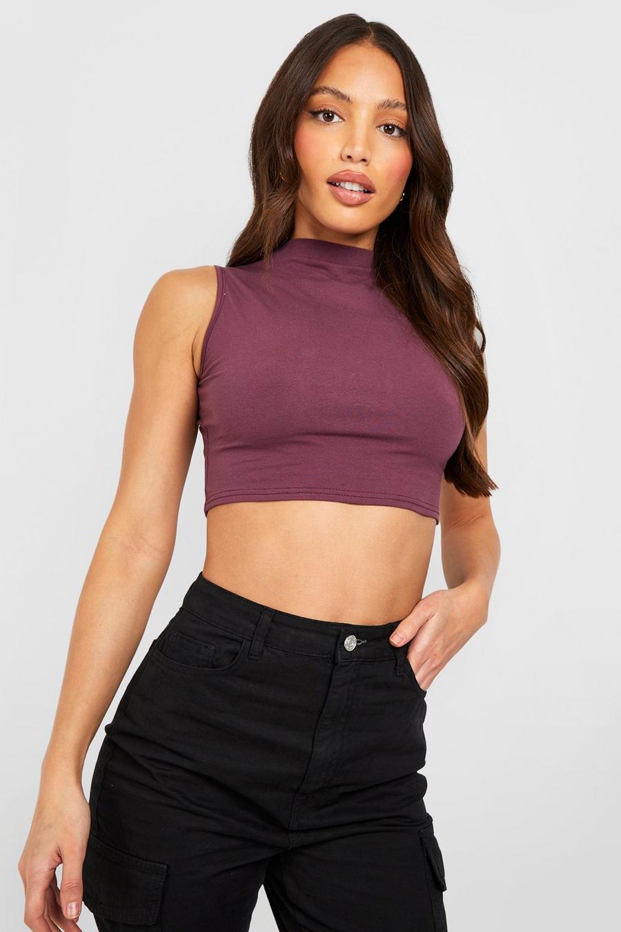 Plum Tall Basic Cotton Blend Funnel Sleeveless Crop Top image number 1