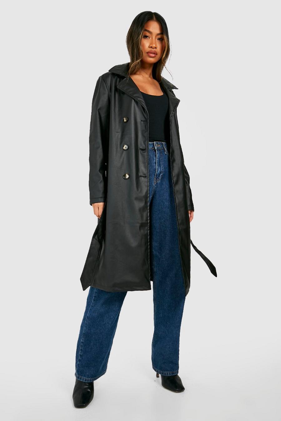 Black svart Faux Leather Trench Coat