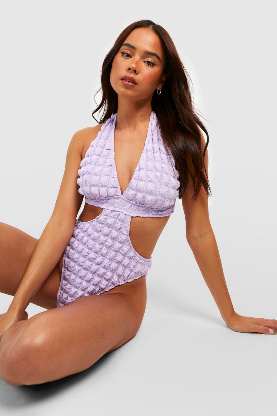 Lilac purple Petite Bubble Texture Halter Cut Out Swimsuit image number 1