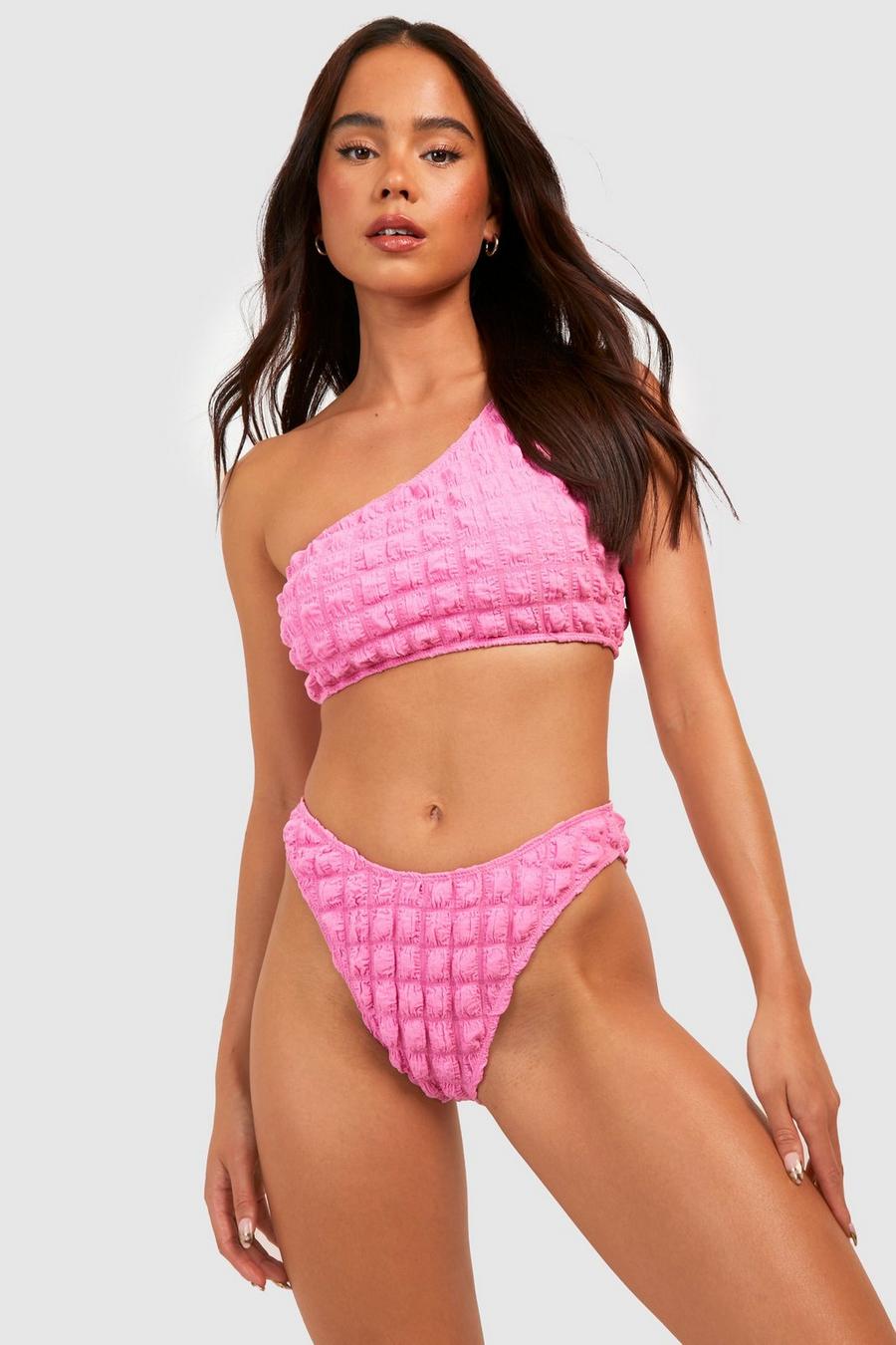 Pink Petite Bubble Texture One Shoulder Bikini image number 1