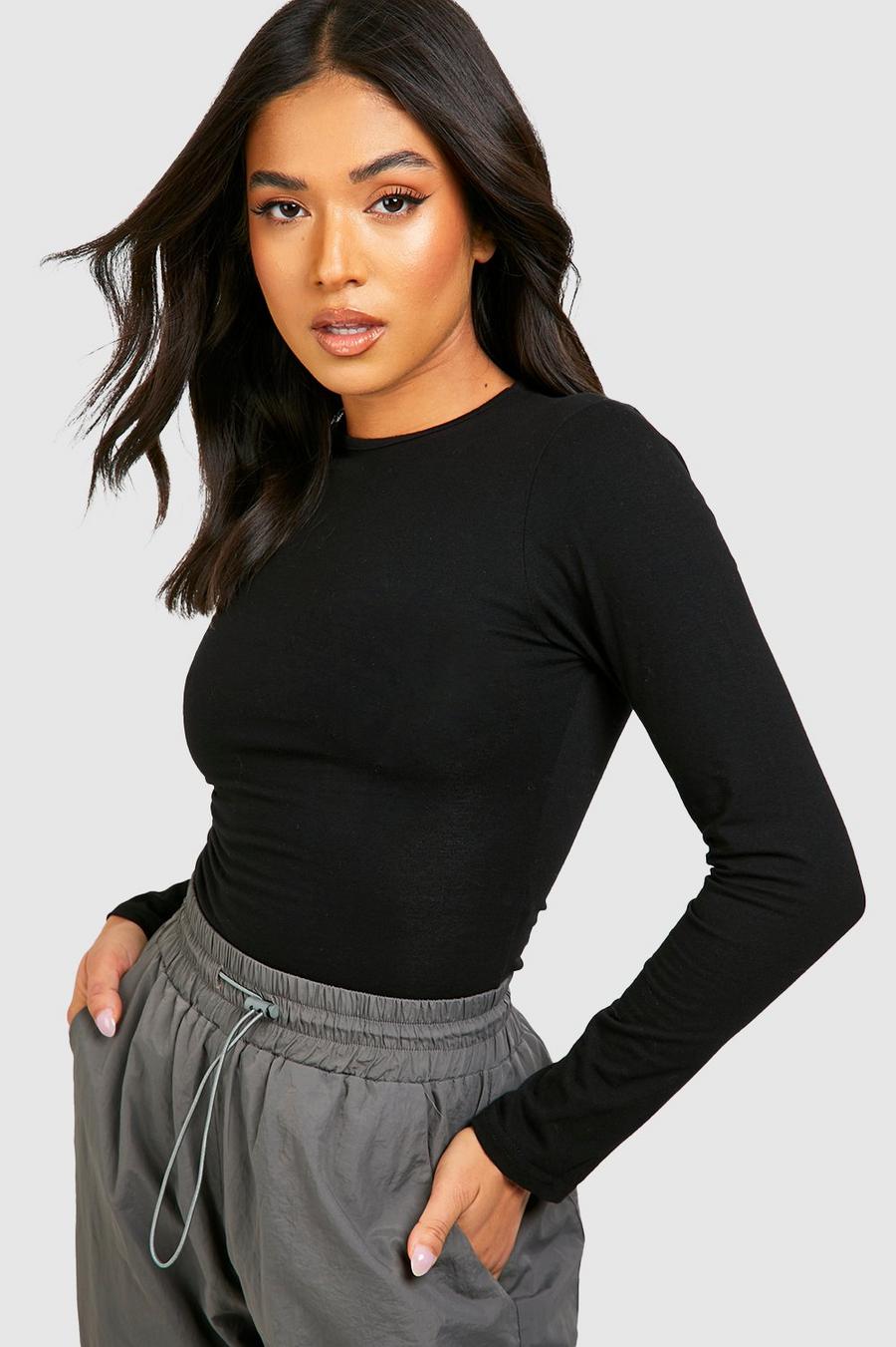 Black Petite Basic Cotton Long Sleeve Bodysuit image number 1