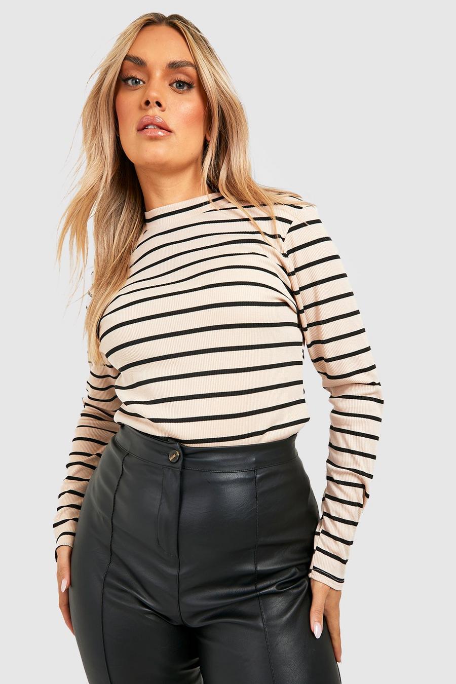 Stone Plus Knitted Rib High Neck Stripe Top image number 1