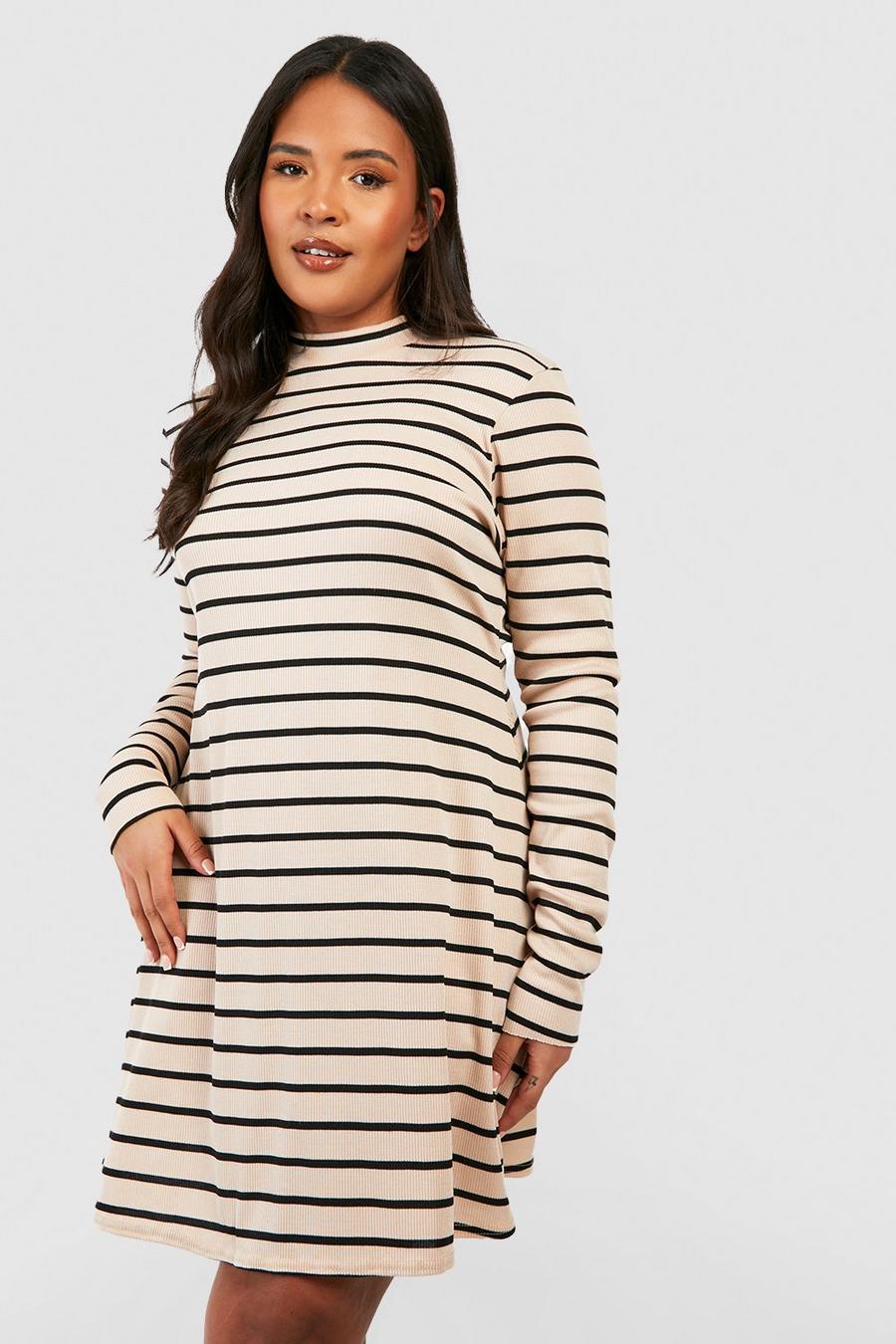 Plus Knitted Rib High Neck Stripe Swing Dress image number 1