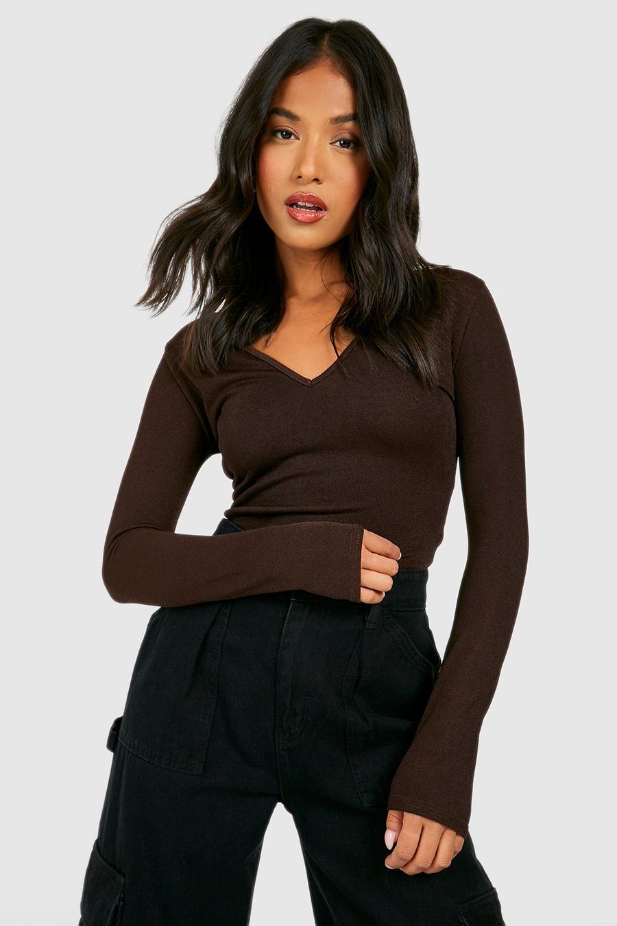 Chocolate brown Petite V Neck Plunge Long Sleeve Top 