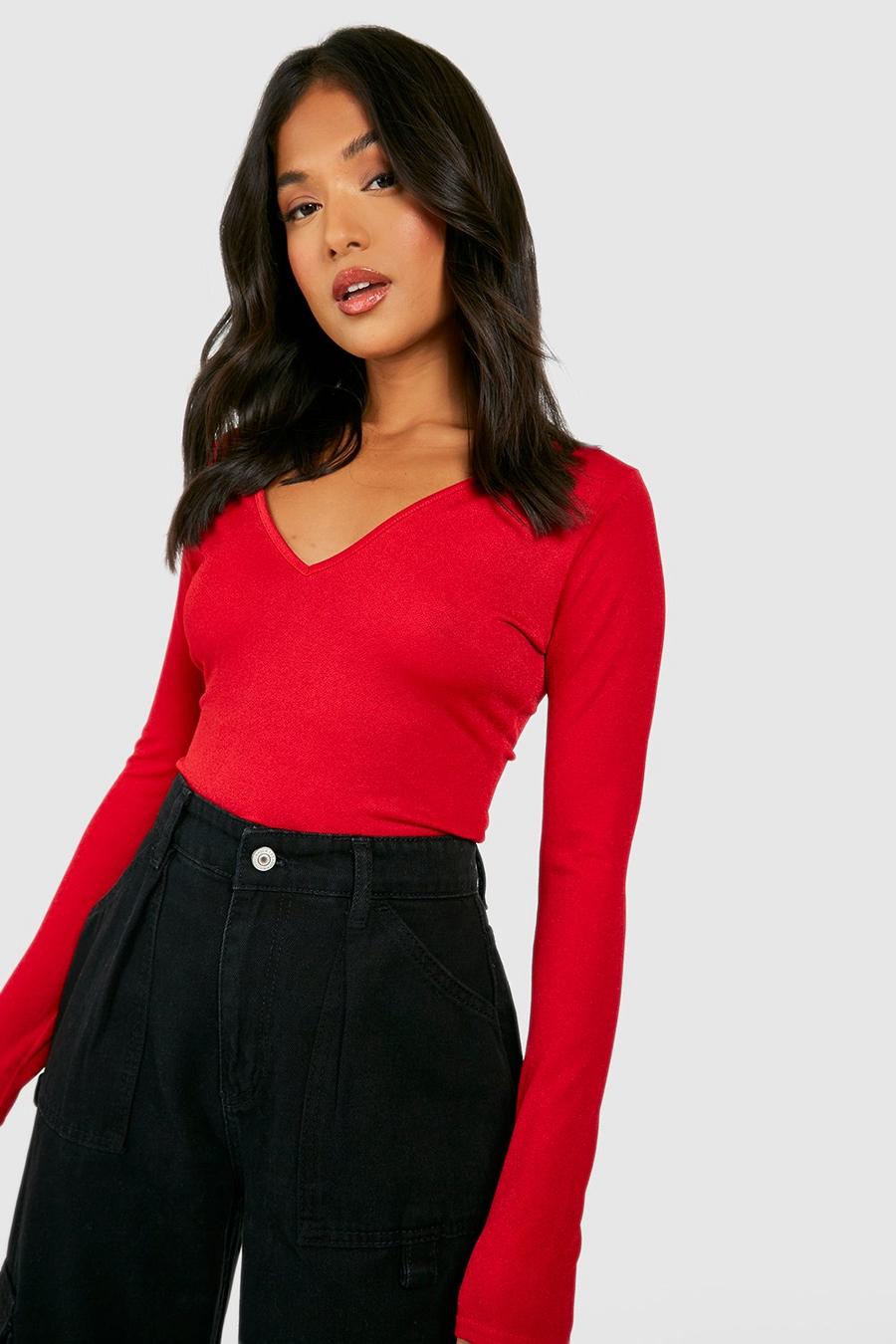 Red Petite V Neck Plunge Long Sleeve Top 