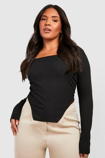 Black Plus Rib Long Sleeve Corset Top