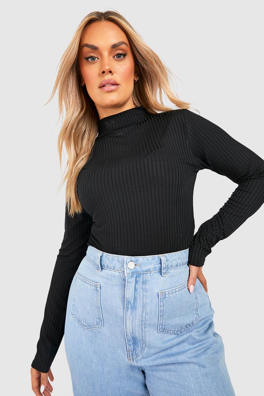 Black Plus Soft Knitted Rib Roll Neck Bodysuit image number 1