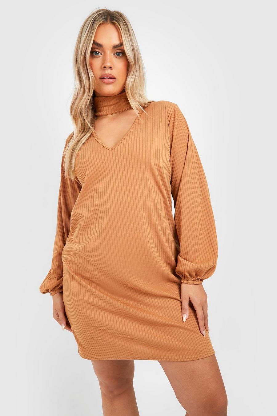 Camel Plus Soft Knitted Rib Choker Sweater Dress image number 1