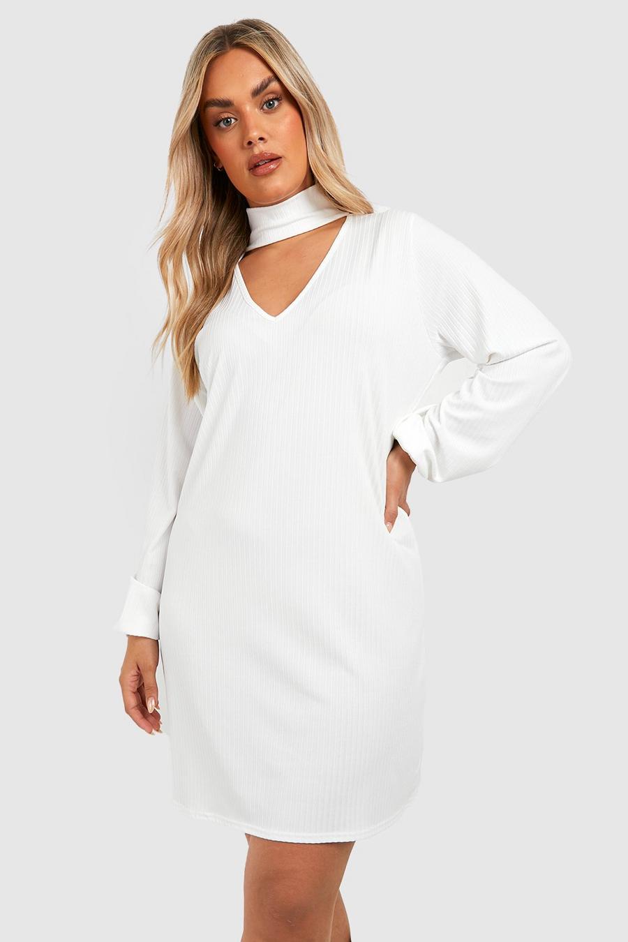 Cream white Plus Soft Knitted Rib Choker Jumper Dress