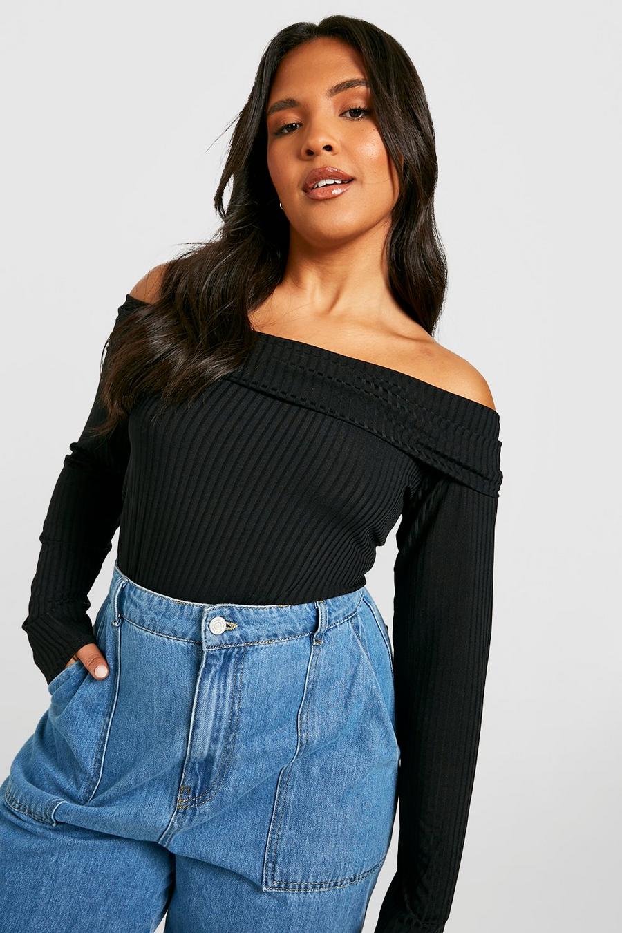 Black Plus Soft Knitted Rib Off The Shoulder Top image number 1