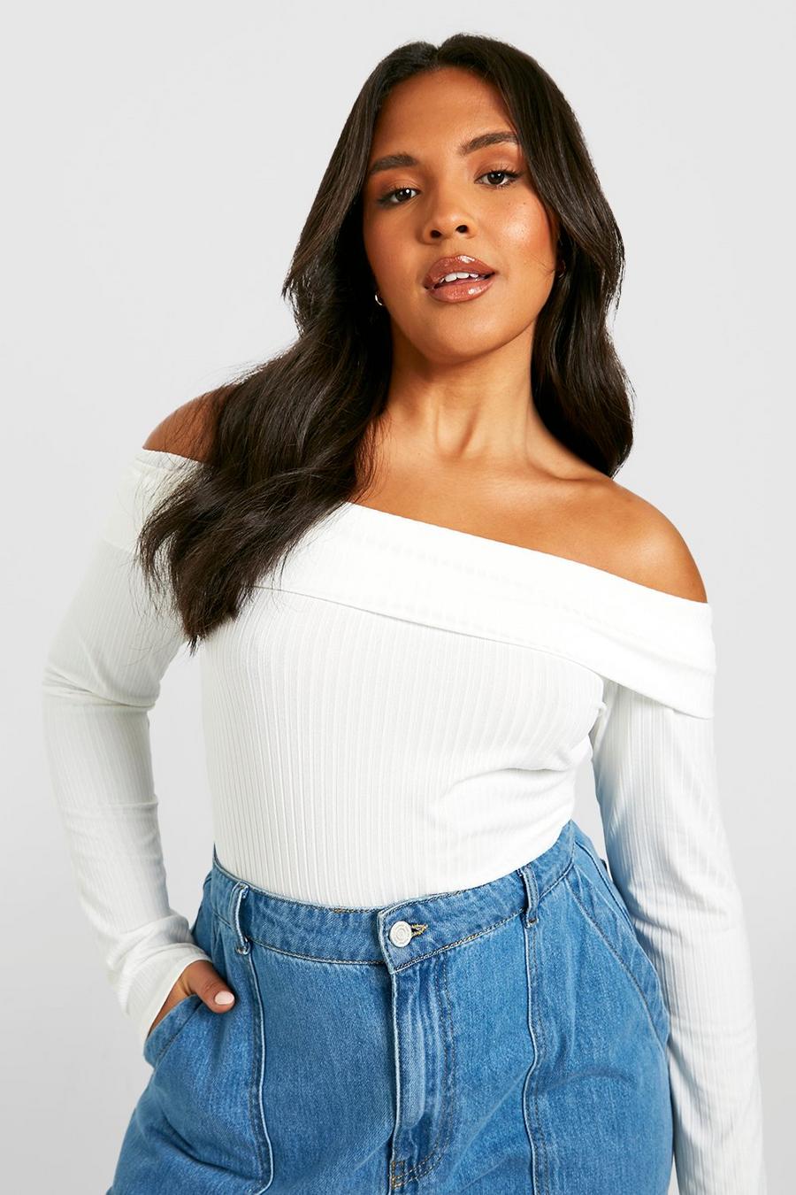 Cream Plus Soft Knitted Rib Off The Shoulder Top image number 1