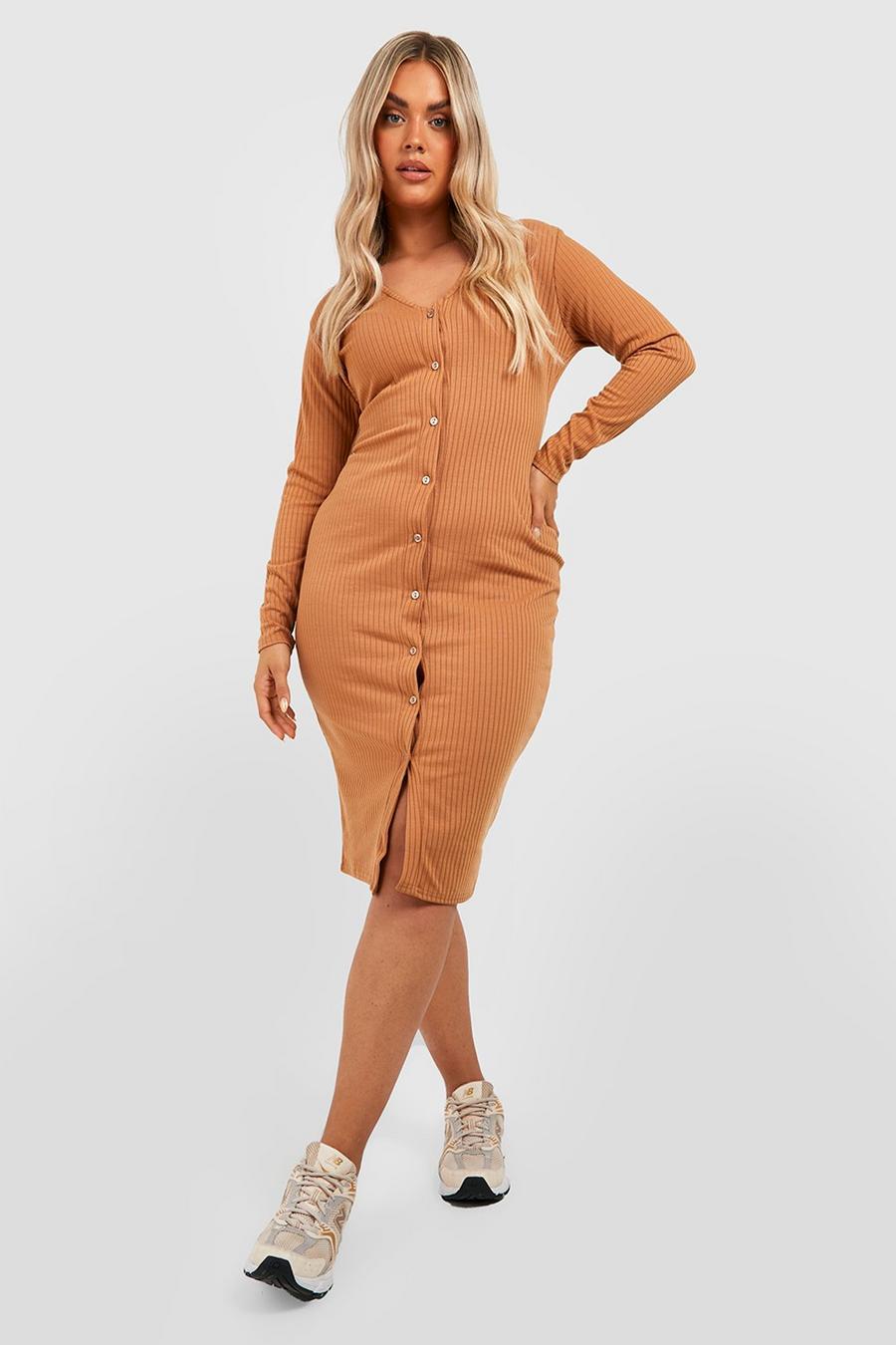 Camel Plus Soft Knitted Collared Button Up Midi Dress  image number 1