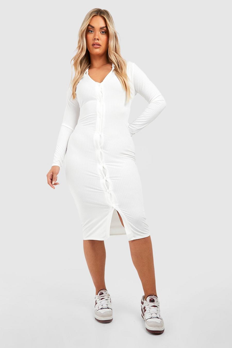 Cream white Plus Soft Knitted Collared Button Up Midi Dress 